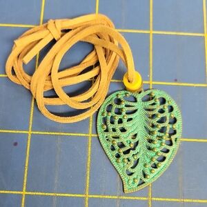 Turquoise Distressed Leaf Pendant 32" Suede Necklace